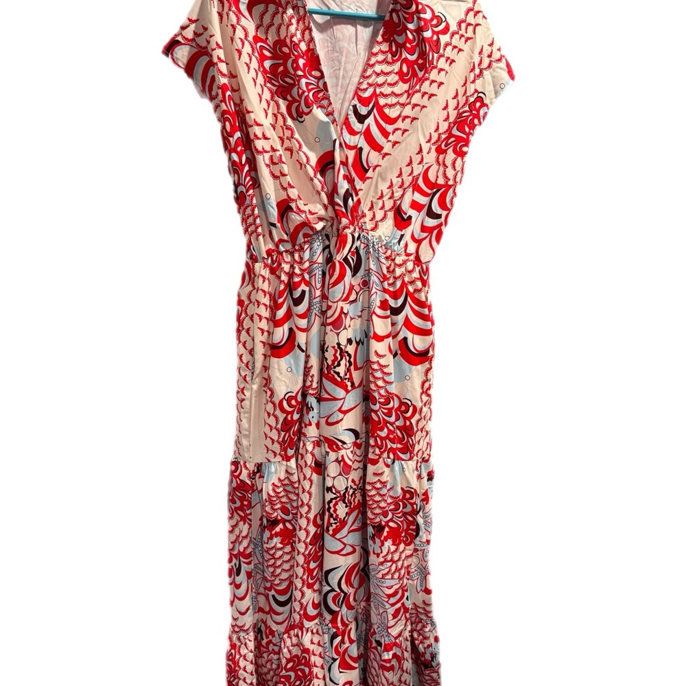 Elegant Red and White Patterned Maxi Dress